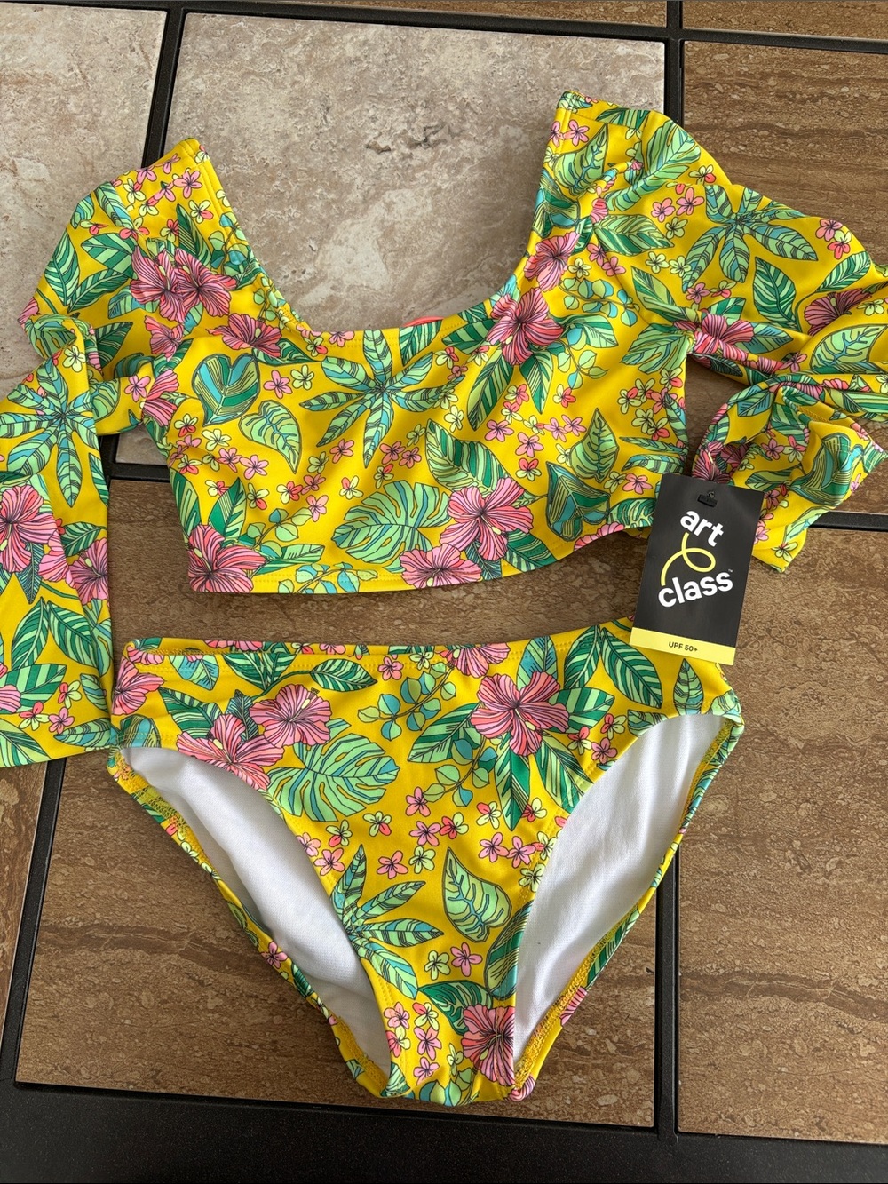 art class Yellow Floral Long-Sleeve Two-Piece Swim Set with Pink Flowers